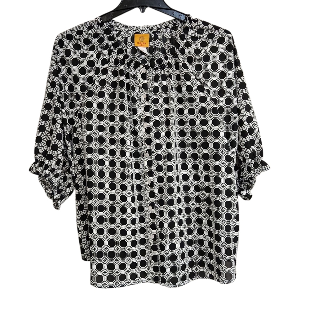 Ruby Rd. Womens Sz 1X Blouse Top Black White Geometric 1/2 Slv Button Up Front